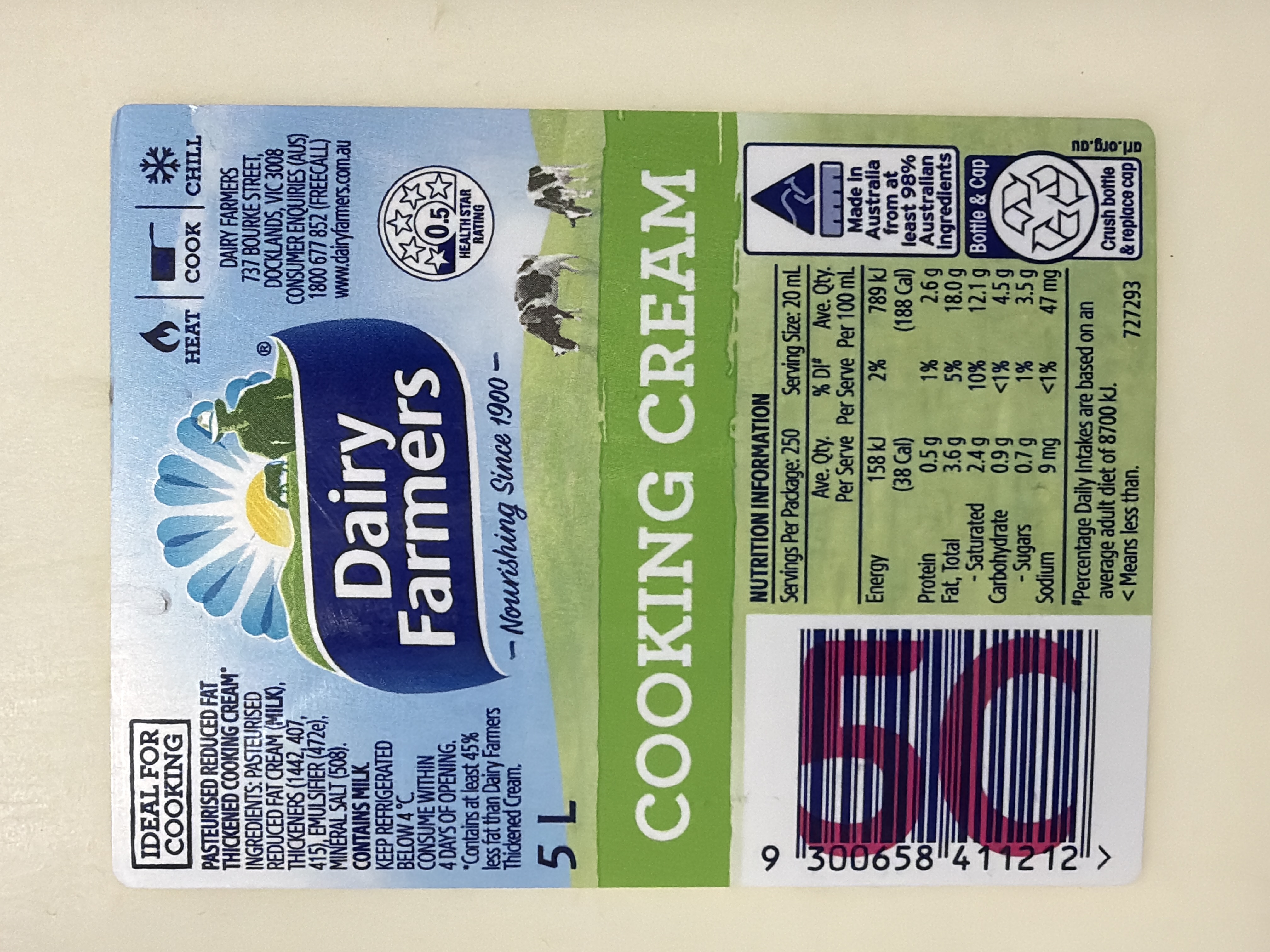 COOKING CREAM 5LTR DAIRY FARMER