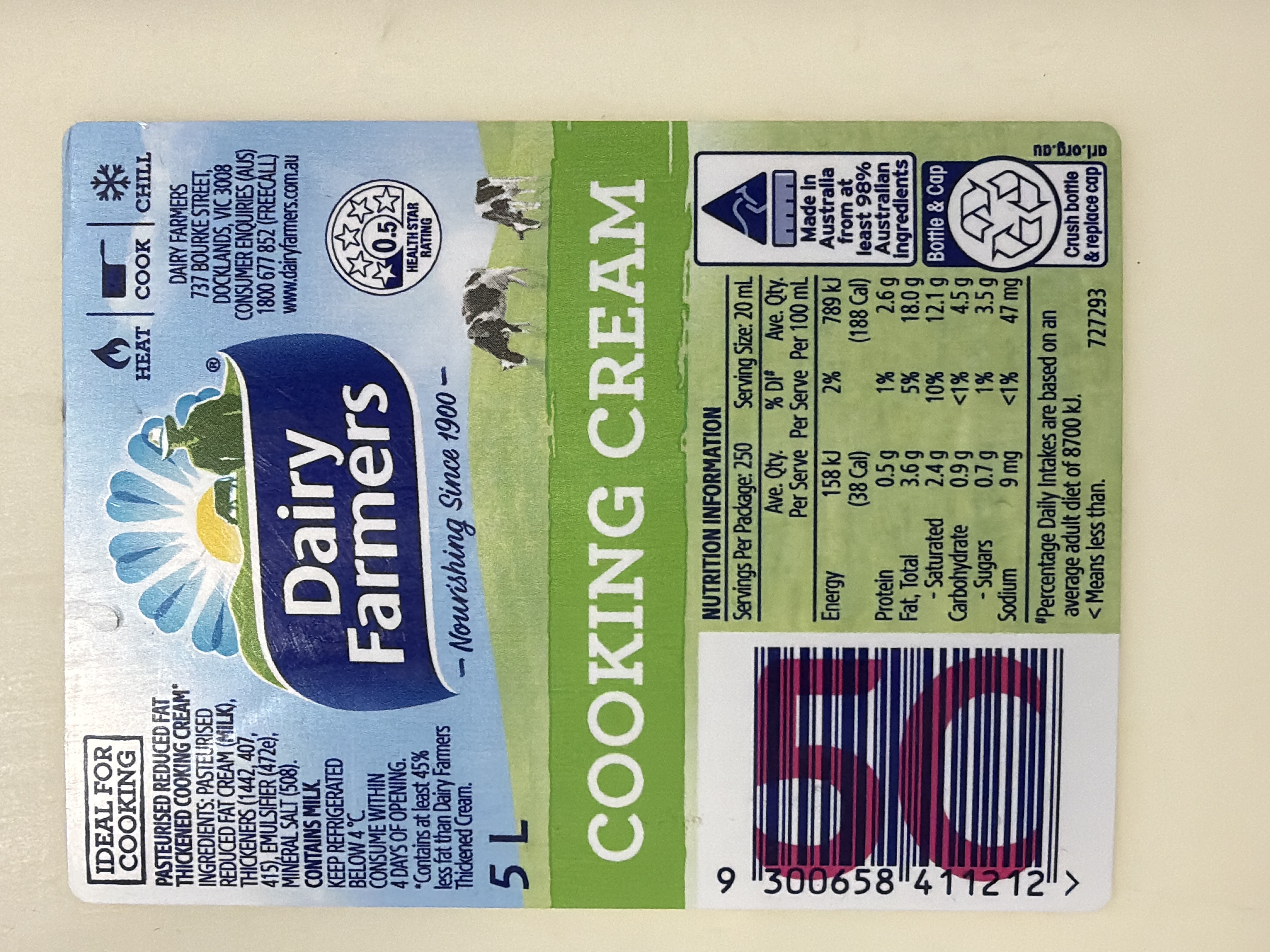 COOKING CREAM 5LTR DAIRY FARMER